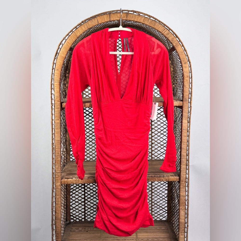 Anthropologie V-Neck Ruched Mesh Midi Dress Red Long Sleeve Size M NWT - Picture 5 of 8
